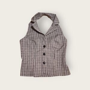 Vintage Y2k Seductions black plaid cropped button up halter waistcoat vest